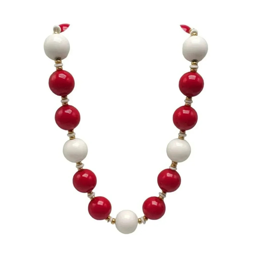 Monet Red White Acrylic Beaded Necklace Lobster Closure Vintage 17.5 in